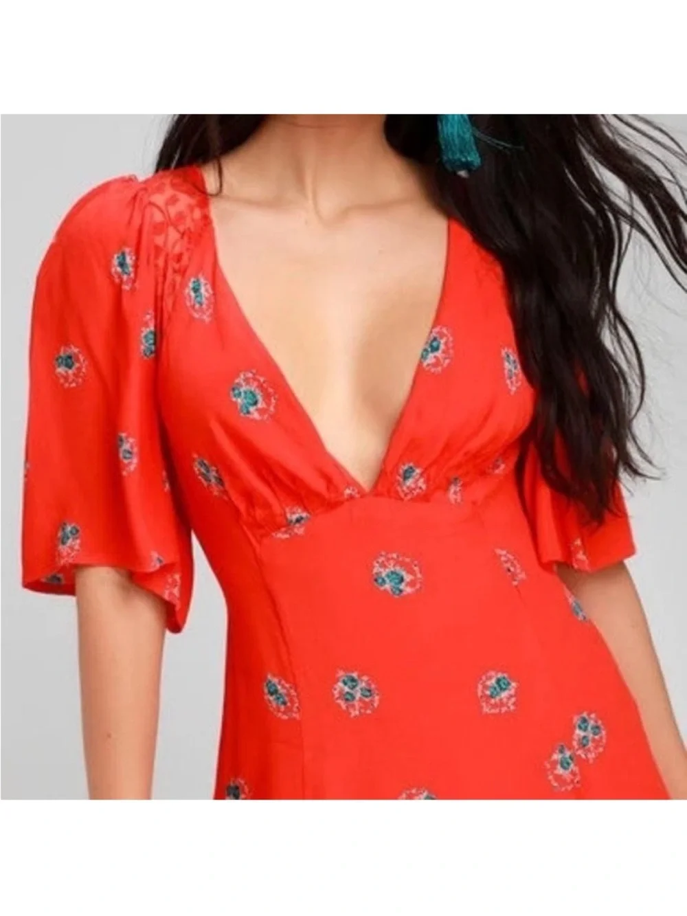 FREE PEOPLE Women Mocking Bird Backless Coral Red Lace Floral Mini Dress size 12 - Picture 2 of 15